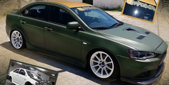Mitsubishi Lancer wrapped in 1080 Matte Military Green and Brushed Gold vinyl