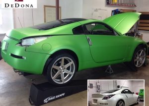 Nissan 350z wrapped in Avery Matte Green Apple Metallic vinyl