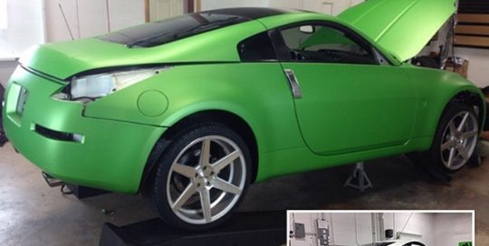 Nissan 350z wrapped in Avery Matte Green Apple Metallic vinyl