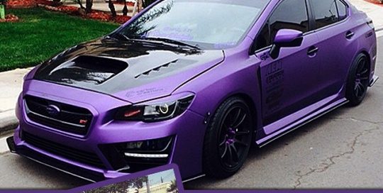Subaru STI wrapped in Avery SW Matte Metallic Purple vinyl