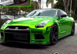 Nissan GTR wrapped in Avery Silver chrome vinyl over laminated 8300 Transparent Lime Tree Green