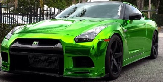 Nissan GTR wrapped in Avery Silver chrome vinyl over laminated 8300 Transparent Lime Tree Green