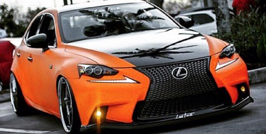 Lexus IS250 wrapped in 1080 Matte Orange and Gloss Black vinyl
