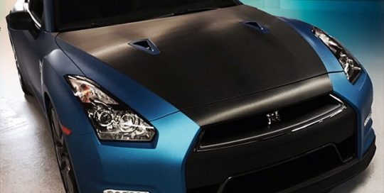 Nissan GTR wrapped in Blue Aluminum Avery Black Carbon Fiber vinyl