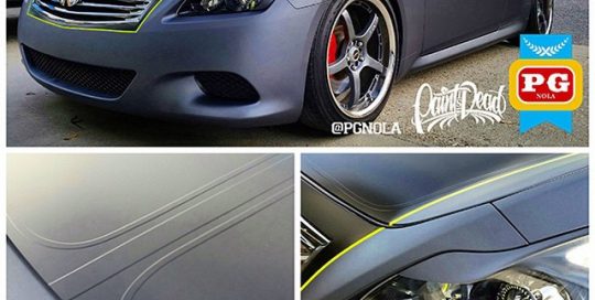 Infiniti PG Nola wrapped in Hi Liter Yellow accent stripe combined with Gunpowder and Satin Black vinyl
