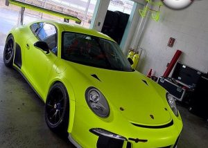 Porsche GT3 wrapped in Matte Fluorescent Hi Liter Yellow vinyl