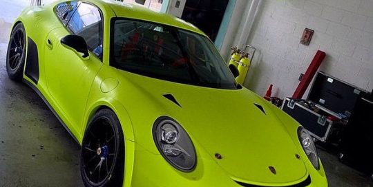 Porsche GT3 wrapped in Matte Fluorescent Hi Liter Yellow vinyl