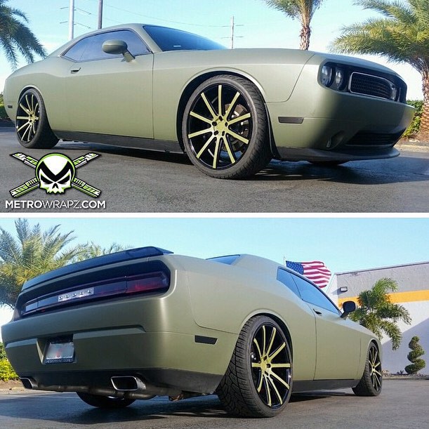 Dodge Challenger wrapped in 1080 Matte Military Green vinyl