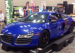 Audi R8 wrapped in custom printed Blue Carbon Fiber