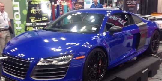 Audi R8 wrapped in custom printed Blue Carbon Fiber