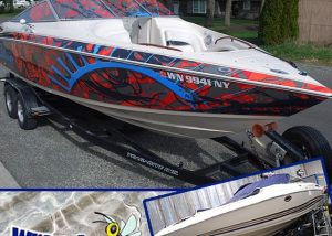 Boat wrapped in Custom printed on 180Cv3 vinyl Solvex perforated vinyl on the windows with CurvaLam overlaminate