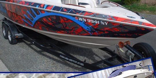 Boat wrapped in Custom printed on 180Cv3 vinyl Solvex perforated vinyl on the windows with CurvaLam overlaminate