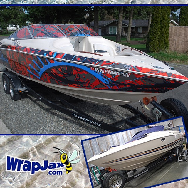 Boat wrapped in Custom printed on 180Cv3 vinyl Solvex perforated vinyl on the windows with CurvaLam overlaminate
