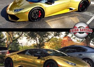 Lamborghini Huracan wrapped in Avery Gold Chrome vinyl