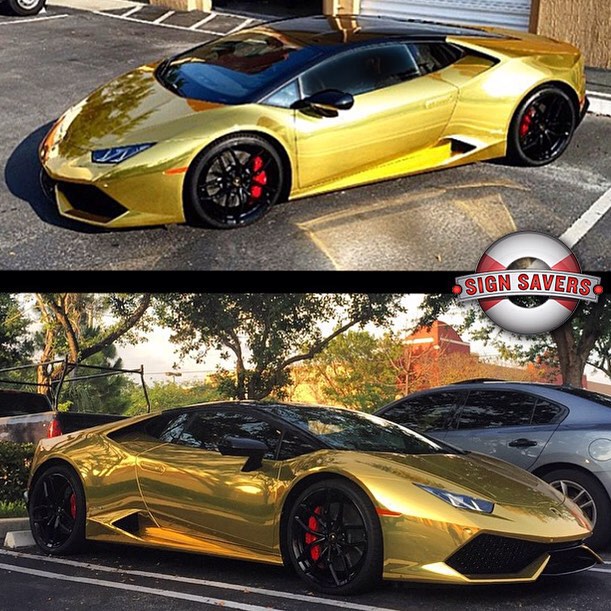 Lamborghini Huracan wrapped in Avery Gold Chrome vinyl