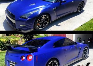 Nissan GTR wrapped in 1080 Brushed Steel Blue vinyl
