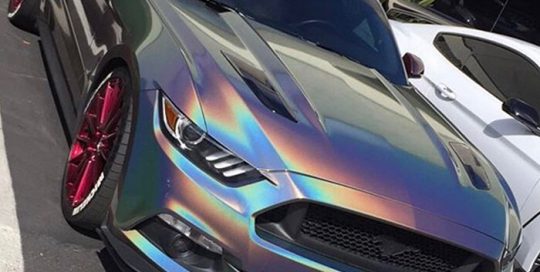 Ford Mustang wrapped in 3M ColorFlip Gloss Psychedelic shade shifting vinyl