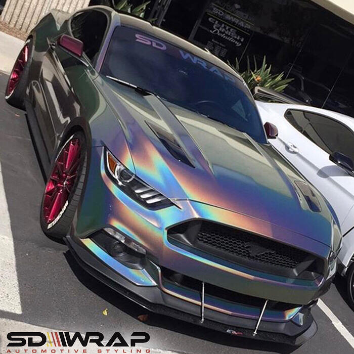 Ford Mustang wrapped in 3M ColorFlip Gloss Psychedelic shade shifting vinyl