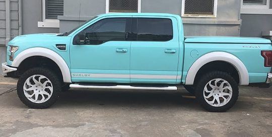 Ford F150 wrapped in Mint Blue, aka Tiffany Blue on the shelby