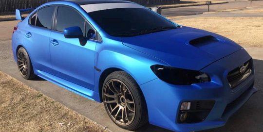 Subaru Wrx wrapped in Satin Blue Aluminum vinyl