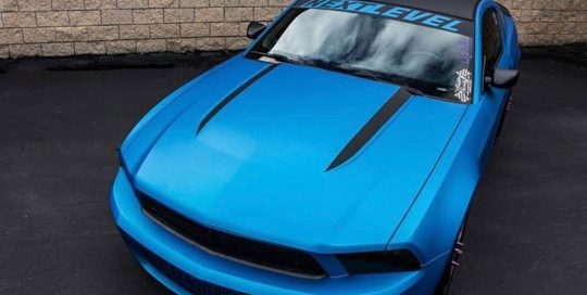 Ford Mustang wrapped in Satin Blue Aluminum vinyl
