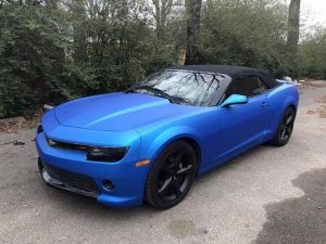 Chevrolet Camaro wrapped in Satin Blue Aluminum vinyl