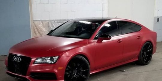 Audi A7 wrapped in 3M 1080 Satin Vampire Red and Gloss Black vinyls