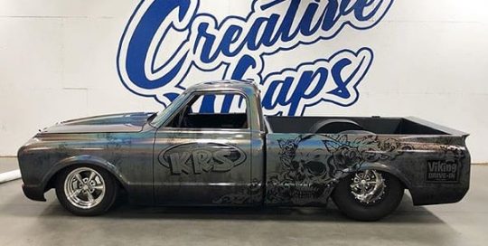 Chevrolet C10 wrapped in custom printed 3M ColorFlip Gloss Psychedelic shade shifting vinyl