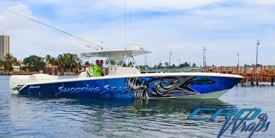 Bahama41 Boat wrapped in custom printed Avery 1105ezrs and 1360z