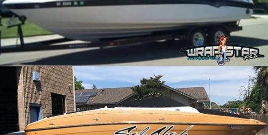 Reinell Boat wrapped in Avery Diamond Gold vinyl