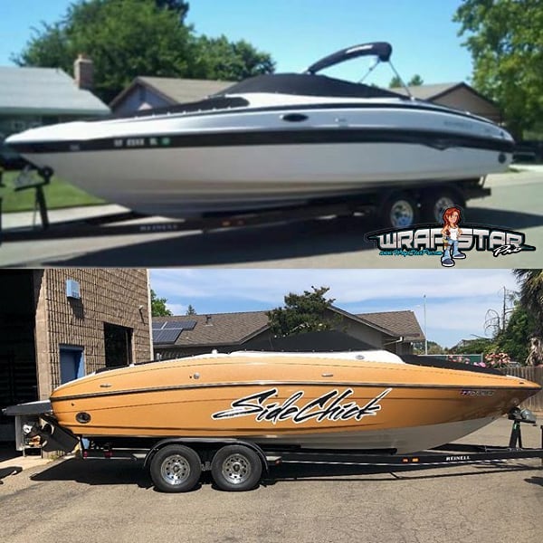 Reinell Boat wrapped in Avery Diamond Gold vinyl