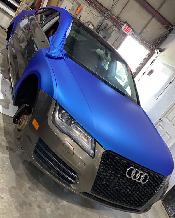 Audi A3 wrapped in Satin Blue Aluminum vinyl