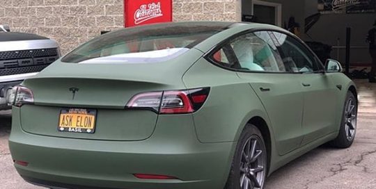 Tesla wrapped in Avery Matte Olive vinyl