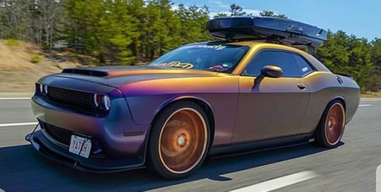 Dodge Challenger wrapped in Avery ColorFlow Satin Rushing Riptide Cyan/Purple shade shifting vinyl