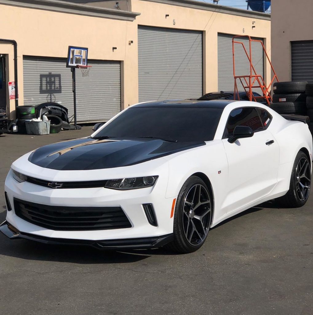 Chevrolet Camaro wrapped in Satin White & Gloss Black vinyl