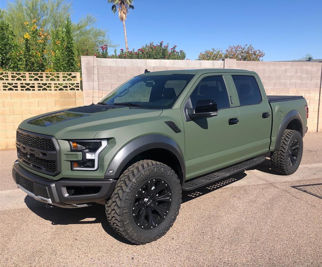 Ford F150 wrapped in Matte Military Green vinyl
