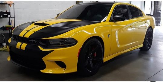 Dodge Charger wrapped in 3M 1080 Gloss Bright Yellow and Satin Black vinyls