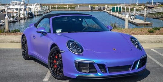 Porsche wrapped in 3M 1080 Satin Glacier Frost vinyl