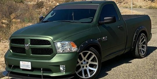 Dodge Ram wrapped in Avery SW Matte Moss Green Metallic vinyl