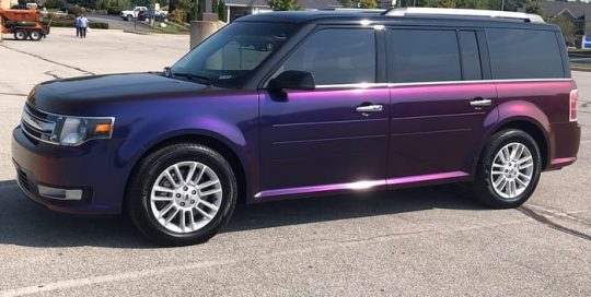 Ford Flex wrapped in Avery ColorFlow Gloss Roaring Thunder Blue/Red shade shifting vinyl