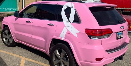 Jeep wrapped in Avery Satin Bubblegum Pink vinyl