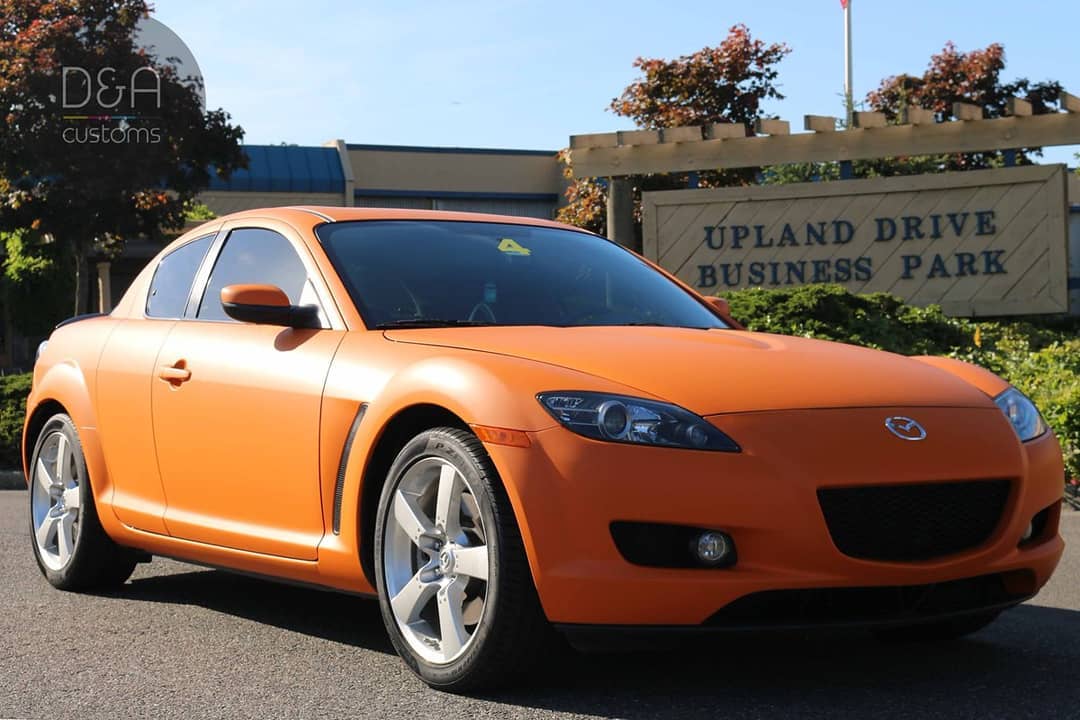 Mazda RX8 wrapped in Avery SW Matte Orange vinyl