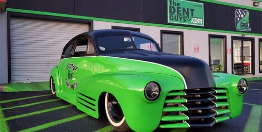 Old Skool Car wrapped in in ORAFOL_Americas 970RA Gloss Grass Green vinyl