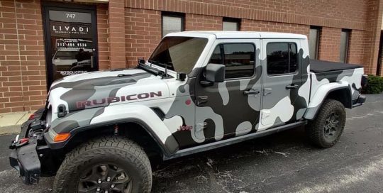 Rubicon Jeep wrapped in Satin Nardo Gray & Matte Black vinyl