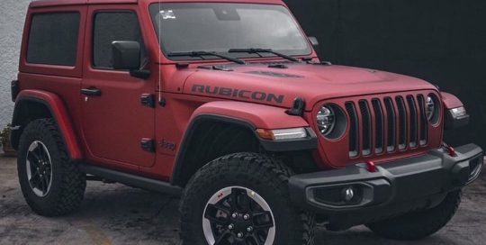 Rubicon Jeep wrapped in Satin Red Aluminum vinyl