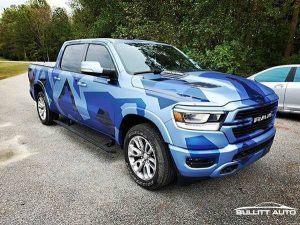 Dodge Ram wrapped in Avery SW Matte Brilliant Blue, Matte Powder Blue Metallic, and Gloss Dark Blue Metallic vinyls