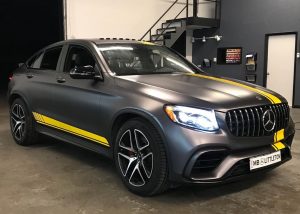 Mercedes Benz wrapped in Satin Charcoal Metallic & Gloss Bright Yellow vinyl