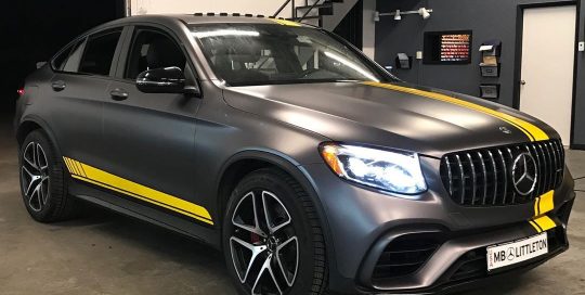 Mercedes Benz wrapped in Satin Charcoal Metallic & Gloss Bright Yellow vinyl