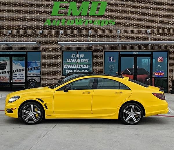 Mercedes Benz CLS500 wrapped in Avery SW Satin Yellow vinyl