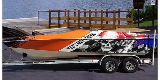 Boat wrapped in custom print IJ180Cv3 vinyl